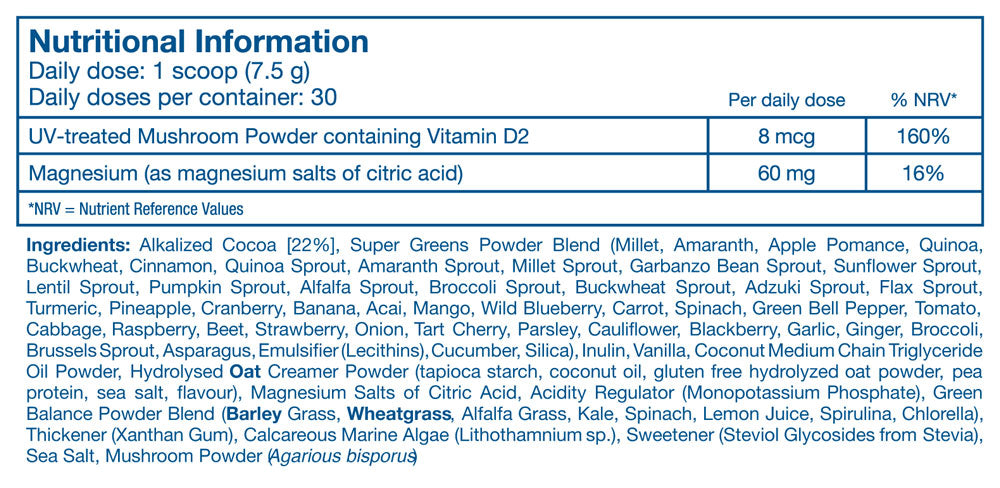 Nutritional info for kids' vitamin tablet with mushroom powder, magnesium, and super greens blend