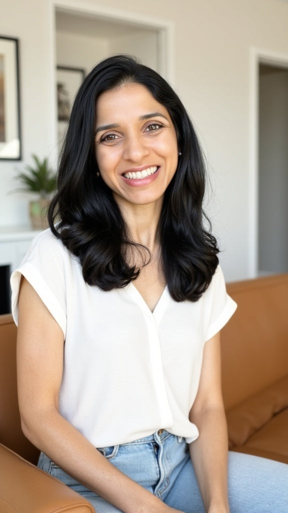 Smiling woman in white top and jeans sitting on brown couch at home