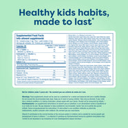 Kids vitamin supplement facts label with organic superfoods and essential nutrients for healthy growth