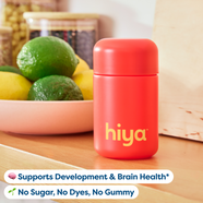 Red Hiya vitamin tablet bottle for kids, supports development & brain health, no sugar or dyes