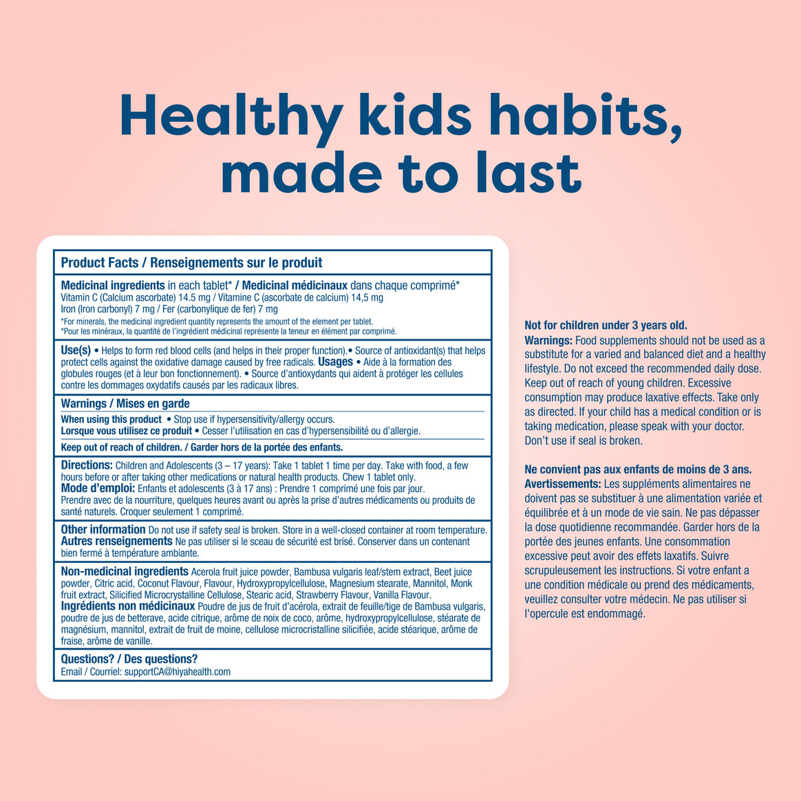 Kids vitamin tablet label with ingredients, usage, and warnings for healthy habits