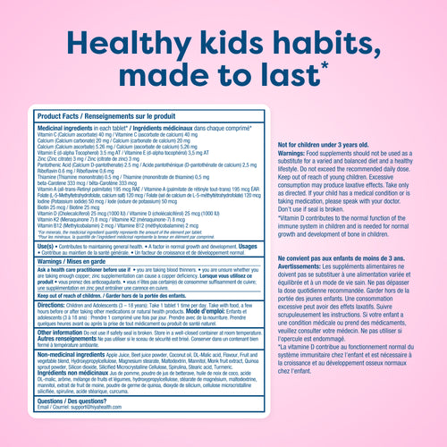 Kids vitamin tablet label with nutritional facts, usage, and warnings for healthy growth and development