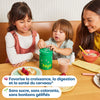 Kids taking vitamin tablets from a green Hiya container at breakfast table with mom