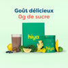 Hiya vitamin tablets for kids with zero sugar, surrounded by fruits, veggies, and a smoothie for healthy nutrition.