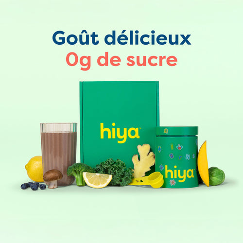 Hiya vitamin tablets for kids with zero sugar, surrounded by fruits, veggies, and a smoothie for healthy nutrition.