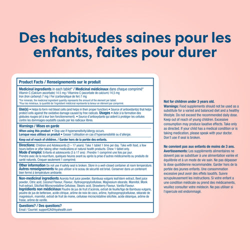 Kids vitamin tablet label with ingredients, usage, and warnings for healthy habits