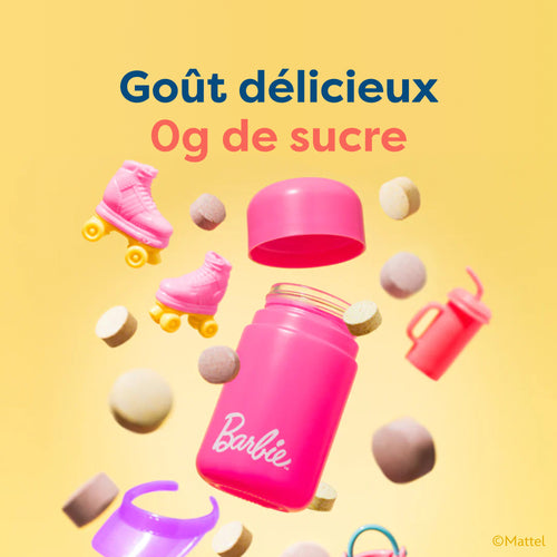 Pink Barbie vitamin tablets in bottle with roller skates, 0g sugar, kids' healthy supplements