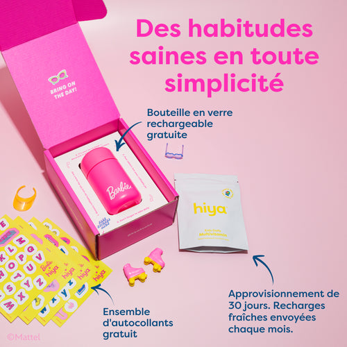 Pink Barbie vitamin tablet bottle in gift box with free stickers and refill pack for kids' daily multivitamin