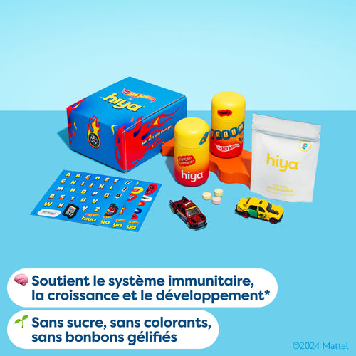 Hiya Kids Daily Multivitamin tablets with Hot Wheels toy cars, stickers, and collectible box for healthy child nutrition