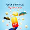 Delicious sugar-free kids vitamin tablets with Hot Wheels cars, vibrant yellow-orange bottle, fun healthy nutrition