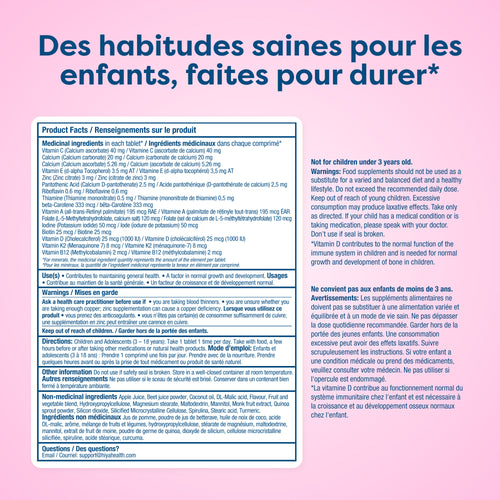 Kids' vitamin tablet label with nutritional facts, usage, and warnings for healthy growth, in English and French