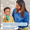 Happy child holding vitamin tablet bottle with smiling parent, promoting kids' immune and gut health