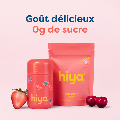 Hiya Kids Daily Iron+ vitamin tablets in pink container and refill pouch, with strawberry and cherries, 0g sugar