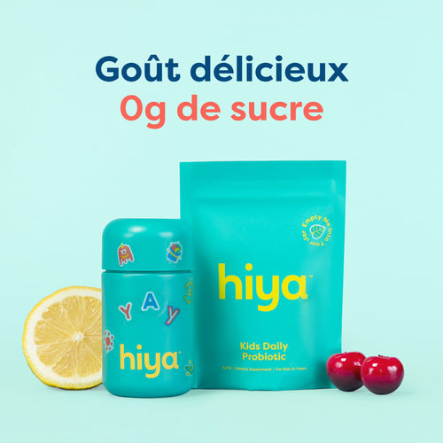 Hiya Kids Daily Probiotic vitamin tablet refill pack with lemon and cherries, 0g sugar, delicious taste