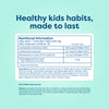 Nutritional information label for a chewable tablet on a light blue background with text 'Healthy kids habits, made to last'.