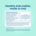 Nutritional information label for a chewable tablet on a light blue background with text 'Healthy kids habits, made to last'.
