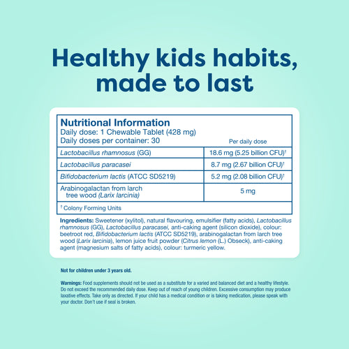 Kids vitamin tablet nutritional label with probiotics and daily dose info for healthy habits