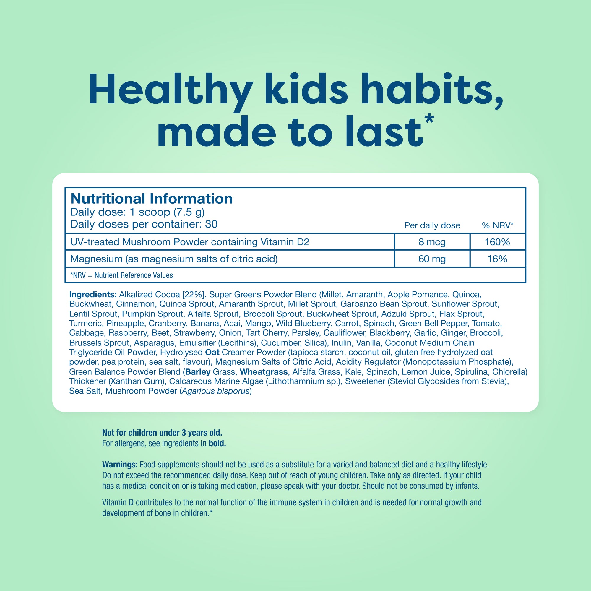 Nutritional information label on a green background with text about healthy kids habits.