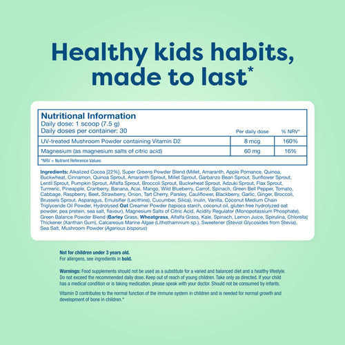 Nutritional information label on a green background with text about healthy kids habits.