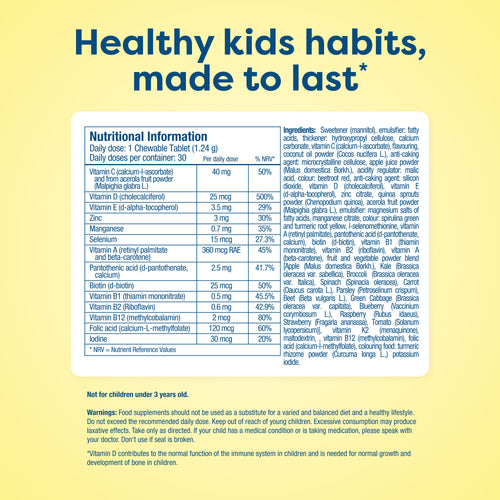 Nutritional information label for children's vitamins on a yellow background