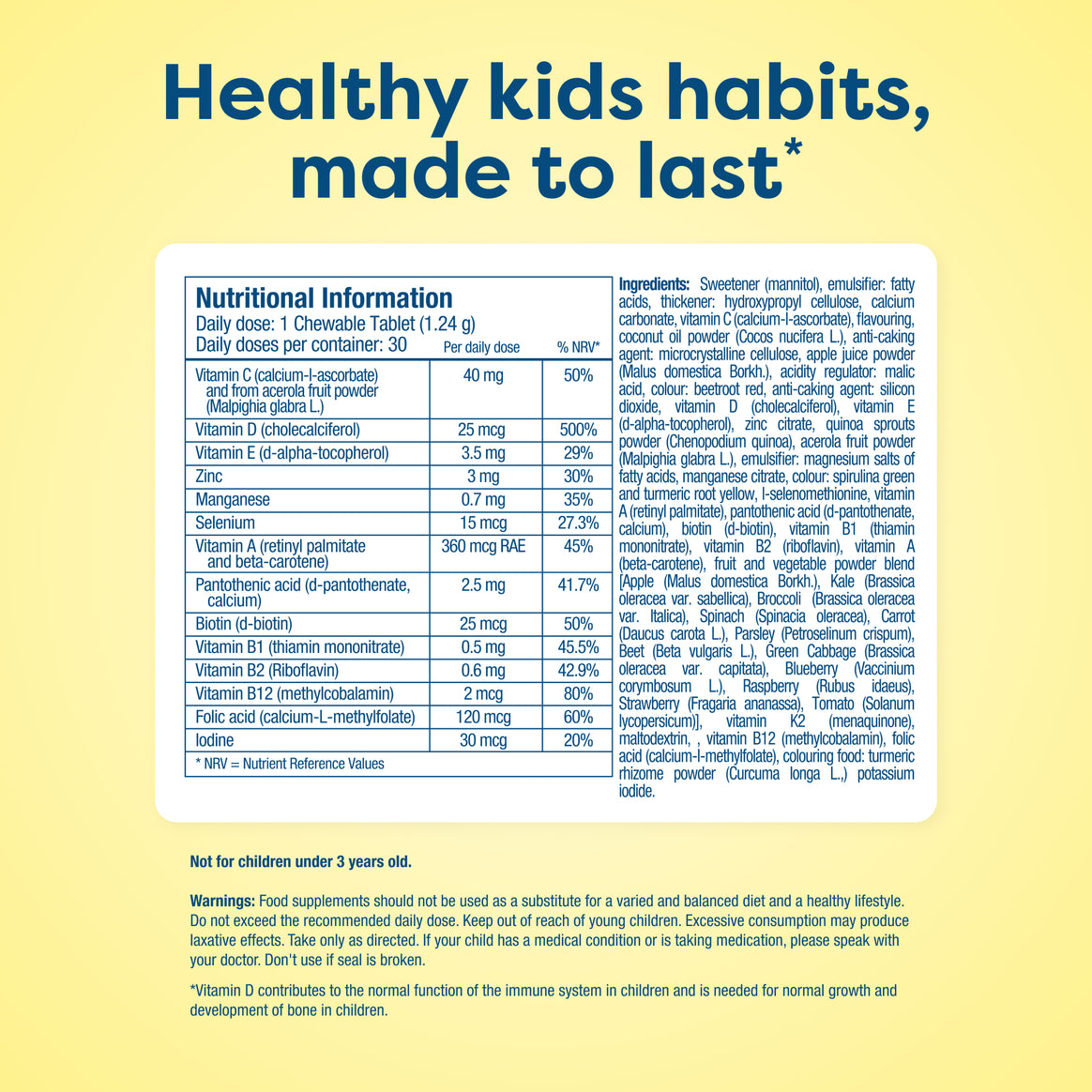 Kids vitamin tablet nutritional info: Vitamin C, D, E, zinc, B12, folic acid, and more for healthy habits
