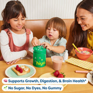 Kids enjoying healthy breakfast with vitamin tablets from green Hiya container, no sugar or dyes