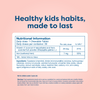 A digital graphic displaying a stylized Nutrition Facts label for a children's supplement, titled 'Healthy kids habits, made to last' in dark blue text. The label details the daily dose of one chewable tablet, containing vitamin C, vitamin B12, and iron, with ingredients listed below on a white background with a thin blue border.