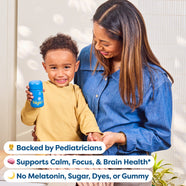 Woman and child holding a blue container with text about product benefits.