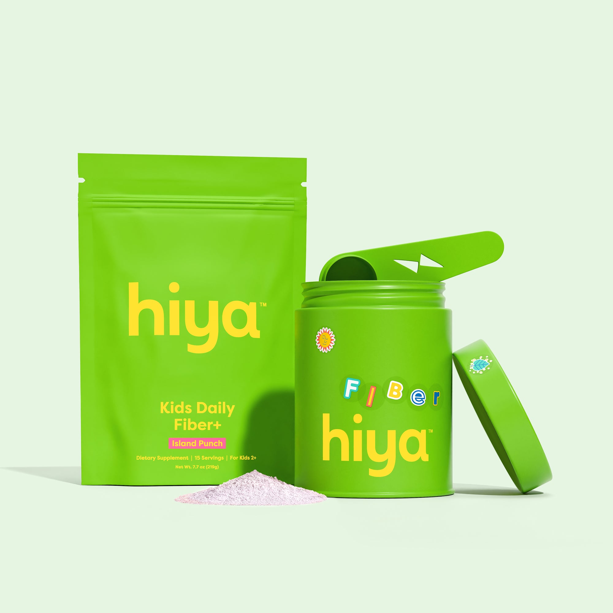 Hiya Kids Daily Fiber+ powder supplement in green pouch and jar, Island Punch flavor for children 2+
