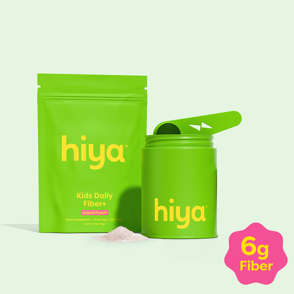 Hiya Kids Daily Fiber+ powder supplement in green pouch and jar, Island Punch flavor for children 2+