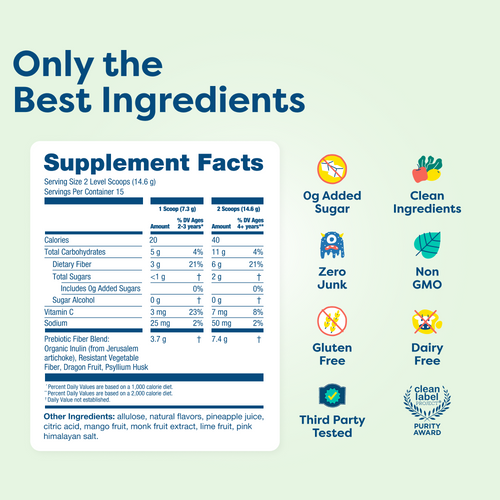 Supplement facts label for kids' vitamin tablet with clean, non-GMO, sugar-free ingredients and NSF certification