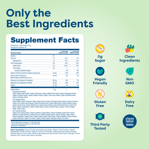 Kids vitamin supplement facts label with clean, vegan, non-GMO, gluten-free, dairy-free ingredients and NSF certified