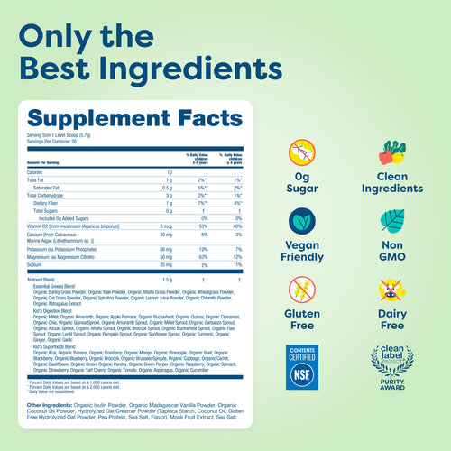 Kids vitamin supplement facts label with clean, organic ingredients, zero sugar, vegan, non-GMO, gluten-free, dairy-free, NSF certified