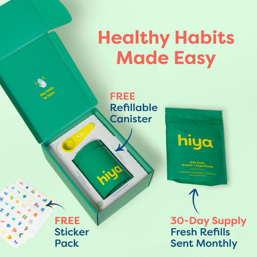 Kids daily greens + superfoods vitamin tablet in green box with refillable canister and free sticker pack