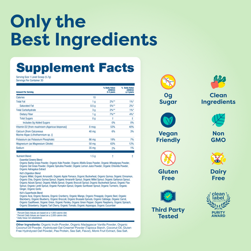 Kids vitamin supplement facts label with clean, vegan, non-GMO, gluten-free, dairy-free ingredients and NSF certified