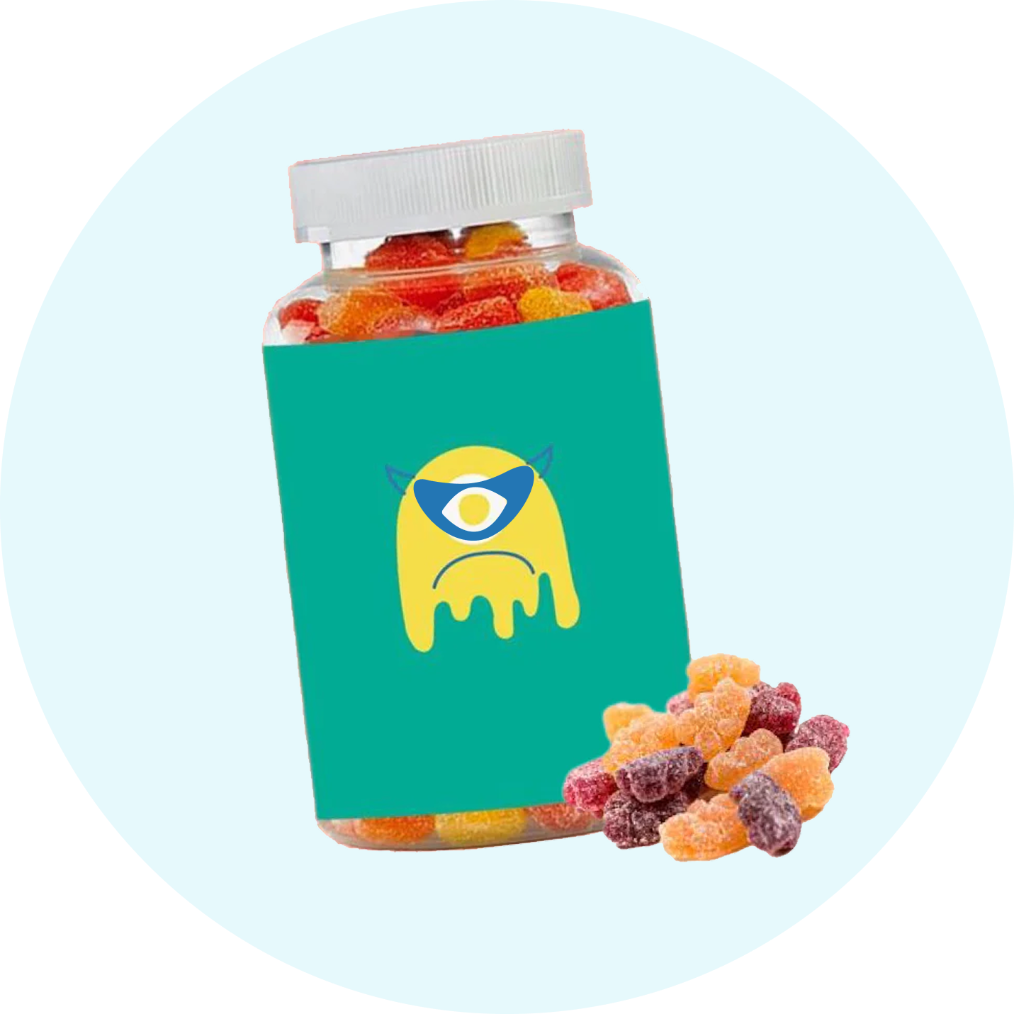 Colorful kids vitamin tablets in a bottle with fun monster label, spilling out for healthy nutrition.