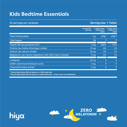 Kids Bedtime Essentials vitamin tablet nutrition facts, zero melatonin, for children's sleep support