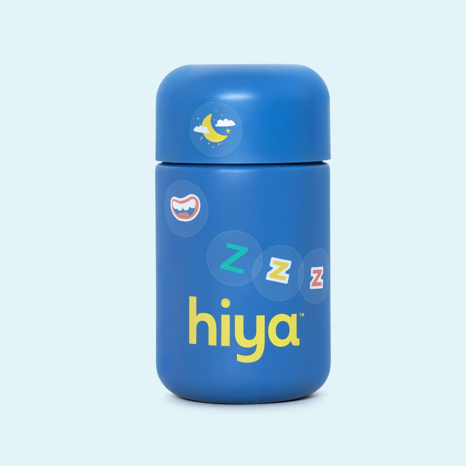 Blue Hiya vitamin tablet bottle with sleep-themed stickers and Zzz icons for kids' health