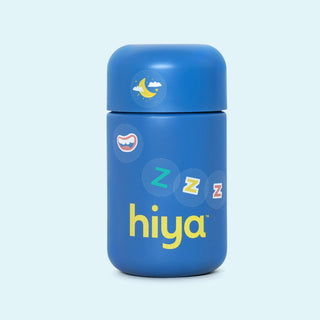 Blue Hiya vitamin tablet bottle with sleep-themed stickers and Zzz icons for kids' health
