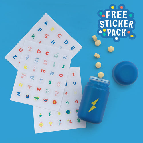 Kids vitamin tablets with free alphabet sticker pack, colorful learning fun for children