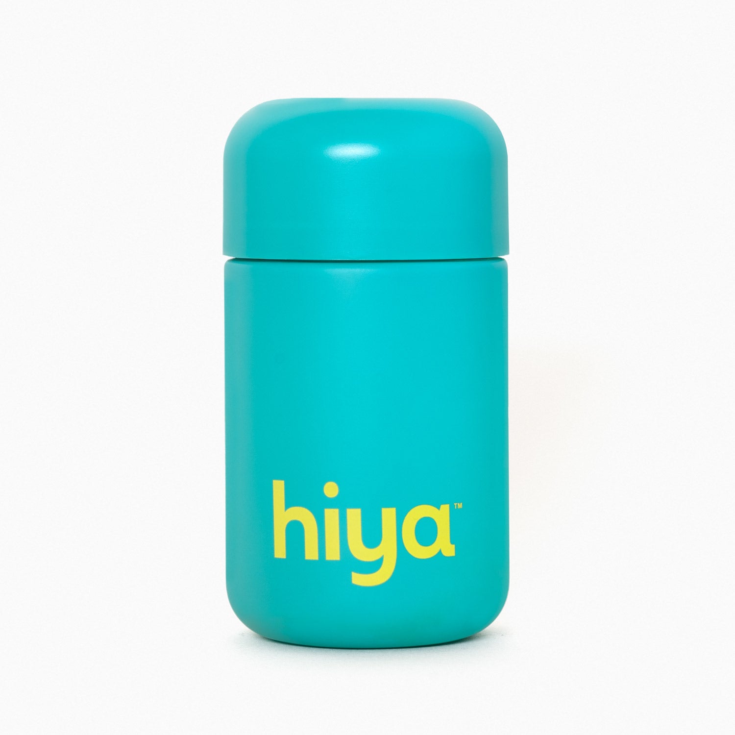 Teal Hiya vitamin tablet container with yellow logo, designed for kids' essential nutrients