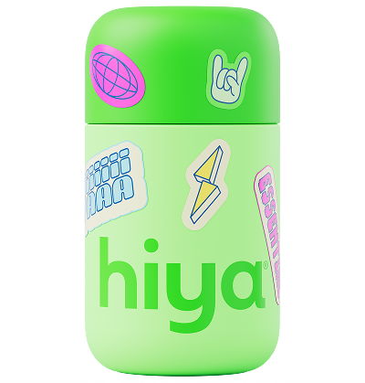 Green kids' vitamin bottle with colorful stickers and 'hiya' logo, designed for child-friendly nutrition.