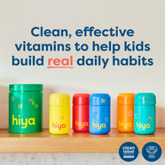 Colorful 'hiya' vitamin containers on a shelf with text reading: Clean, effective vitamins to help kids build real daily habits 