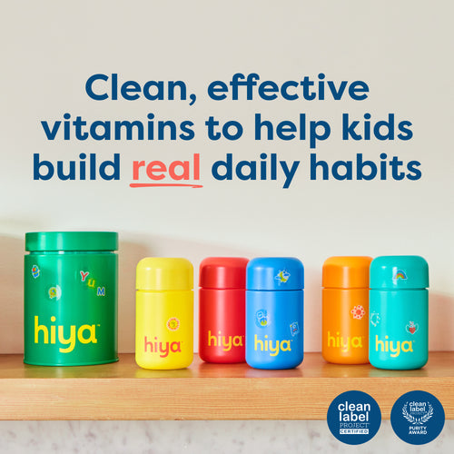 Colorful 'hiya' vitamin containers on a shelf with text reading: Clean, effective vitamins to help kids build real daily habits 