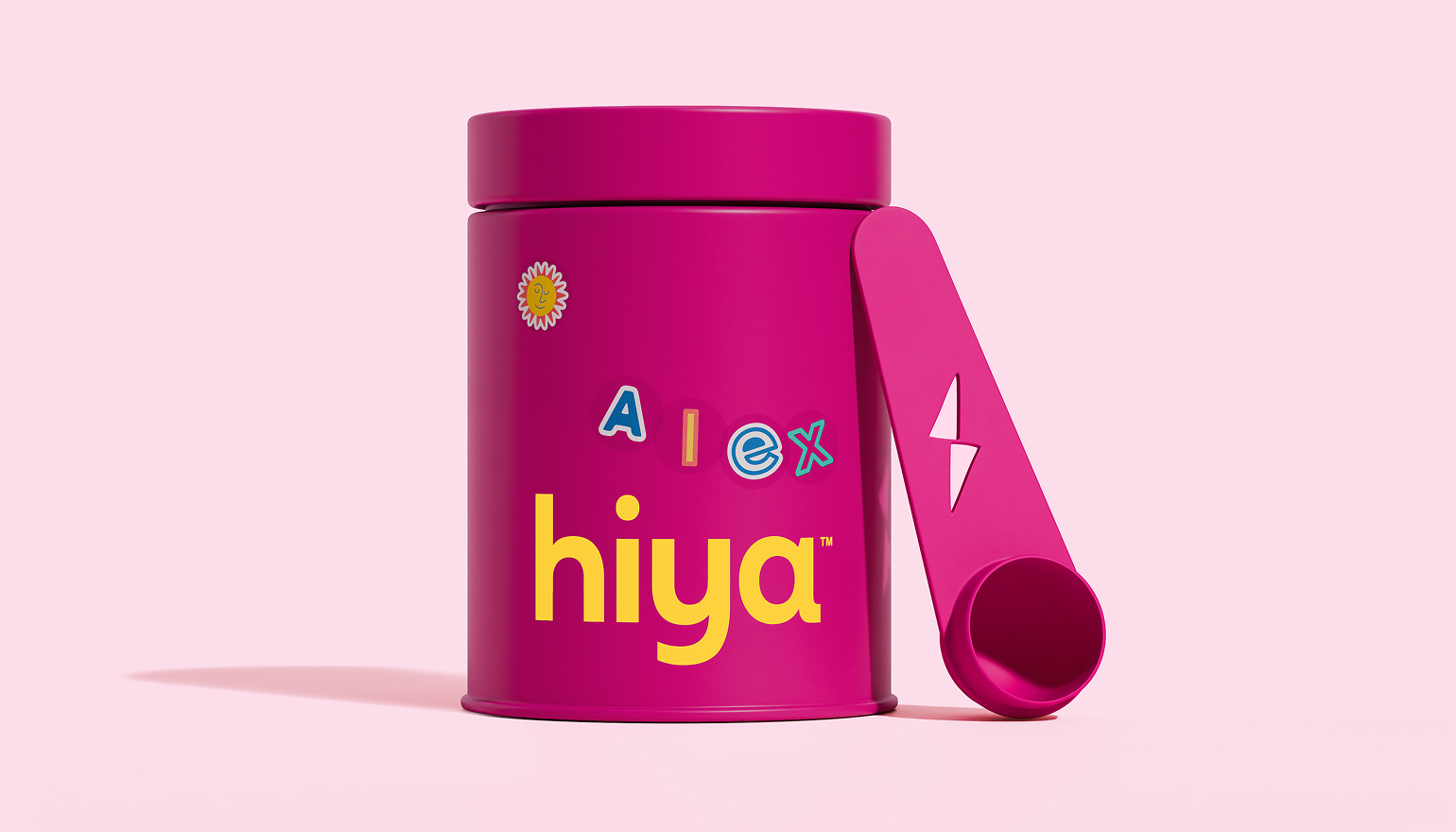 Pink Hiya vitamin tablet container with personalized name Alex and scoop, for kids' nutrition