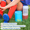 Person in sports attire with a blue hiya container and water bottle on grass. Text says: Backed by Pediatricians, Supports Energy, Balance & Hydration, No Sugar, No Dyes, No Gummy 