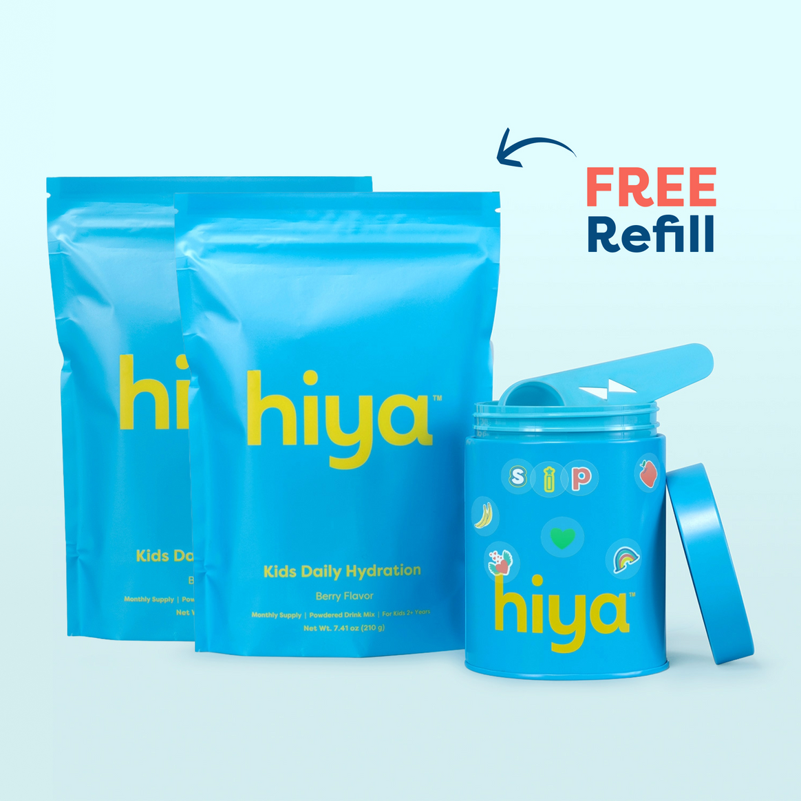 Hiya Kids Daily Hydration berry flavor powder packs with free refill container, healthy drink mix for children 2+
