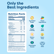 Nutrition facts and clean ingredient highlights for kids' vitamin tablet, featuring 0g added sugar, vegan, non-GMO, gluten-free, dairy-free