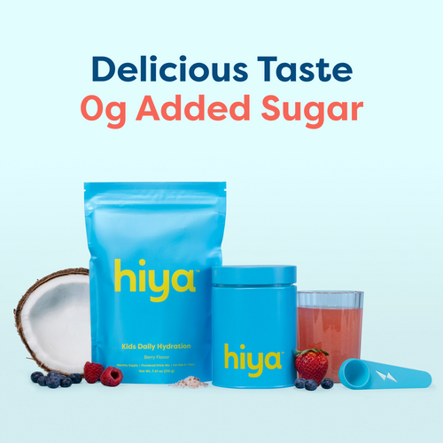 Hiya Kids Daily Hydration berry flavor drink mix with berries, coconut, and vitamin supplements for healthy kids