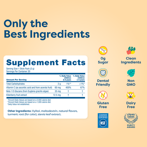 Kids Immune Sticks nutrition label with Vitamin C, Beta-Glucans, Elderberry for children's immune support